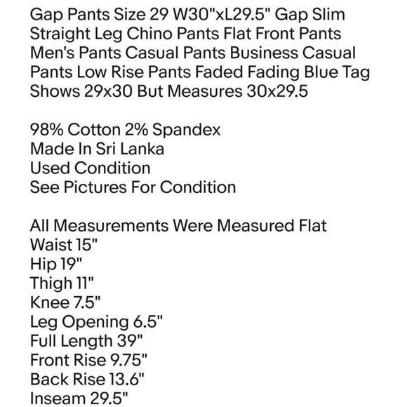 Gap Pants Size 29 W30"xL29.5" Gap Slim Straight Leg Chino Pants Flat Front Pants - Picture 2 of 6